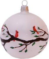 Witte Kerstballen met Vogeltjes op besneeuwde takken - doosje met zes kerstballen van 8 cm van glas