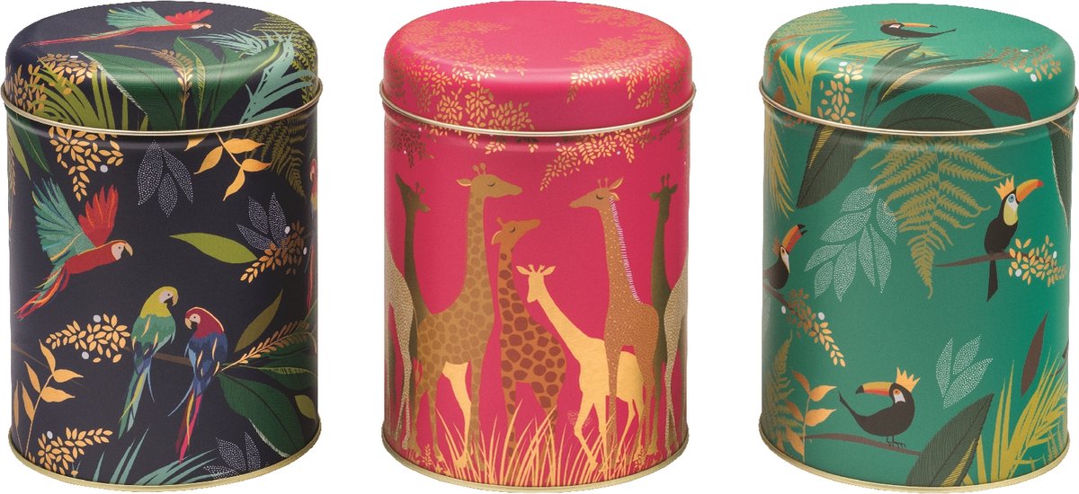 Sara Miller London set van 3 design blikken, giraffe, papegaai en toucan