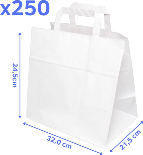 250x Papieren Draagtassen Groot Wit | Draagtas Papier XL 32x21x24cm Plat Handvat 250 stuks | Giftbag & Take-away