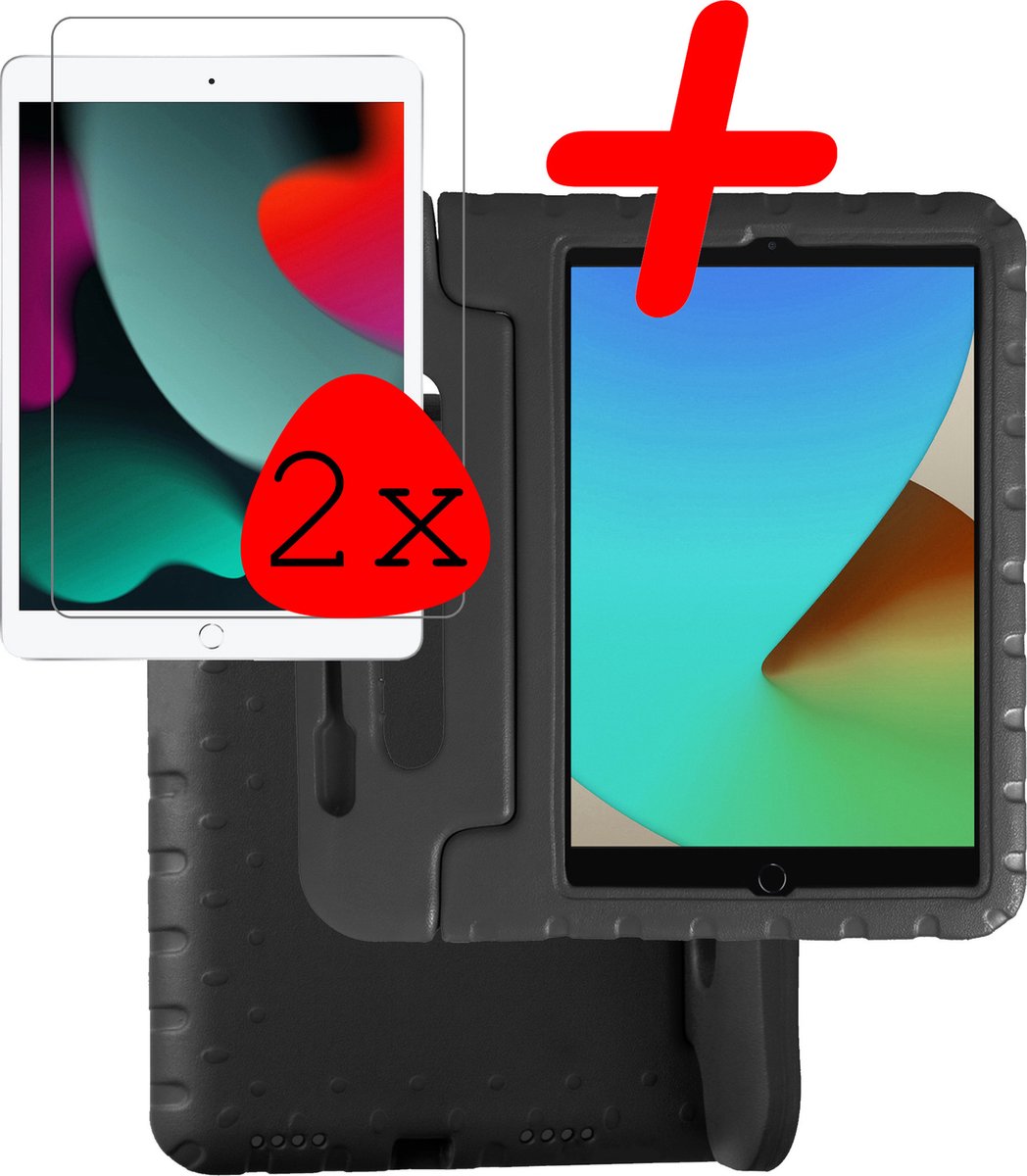 Hoesje Geschikt voor Apple iPad 8 (2020) - 10.2 inch - 8e Generatie - Met 2x Screenprotector - Kinderhoes Shockproof Bumper - Kidsproof Case - Tablet Hoes - Kinder Hoes Cover - Zwart