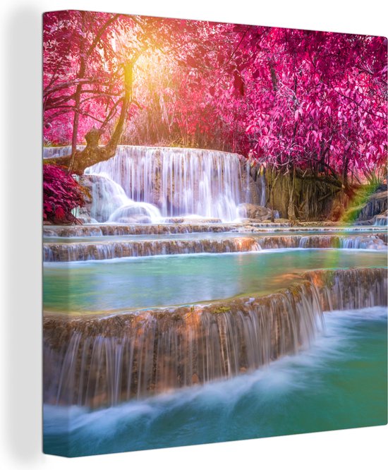 Canvas schilderij - Waterval - Regenboog - Boom - Roze - Canvas schilderijen natuur - Schilderijen woonkamer - Slaapkamer - Foto op canvas - 90x90 cm - Wanddecoratie