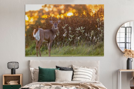 Canvas - Hert - Heide - Natuur - Zonsondergang - Schilderijen op canvas - Landschap - 150x100 cm - Canvas schilderij dieren - Foto op canvas