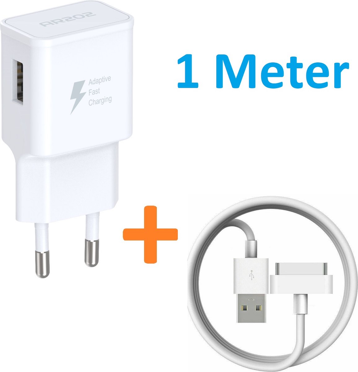 USB Stekker met 30 Pin Kabel 1 Meter - Oplaadsnoer - Oplader - USB Oplader - Adapter - Snellader - Adapter USB - Adapter geschikt voor: iPhone 4 4S iPad 1 2 3 4 iPod Touch 3 4