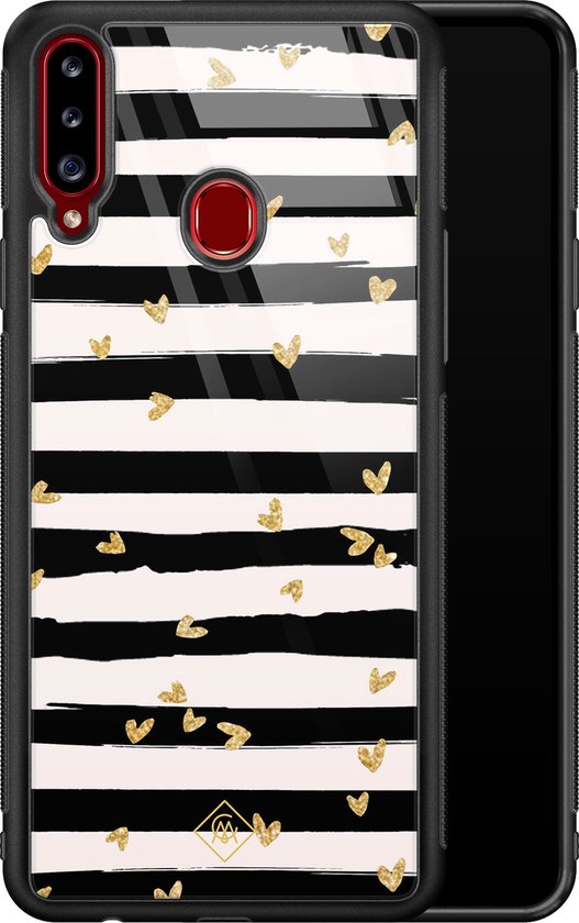 Coque Samsung Galaxy A20s en verre - Rayures coeur - Zwart - Hard Case Zwart - Coque arrière pour téléphone - Rayé - Casimoda
