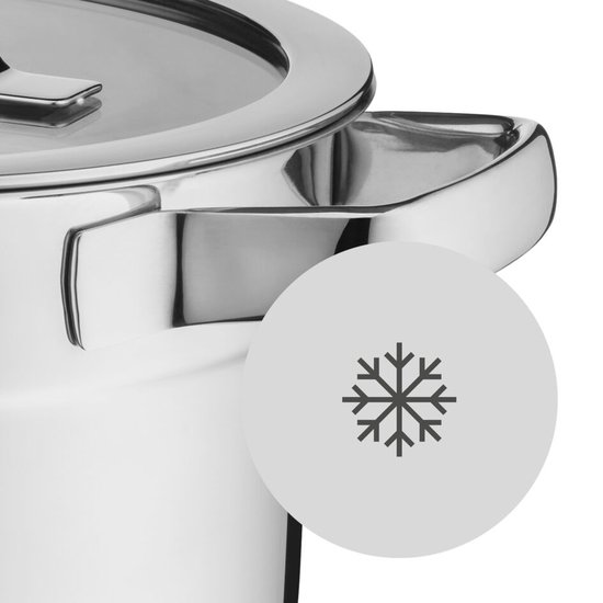 Close-up van een RVS pan met een cirkelvormige icoon van een sneeuwvlok, wat duidt op vriesbestendigheid.