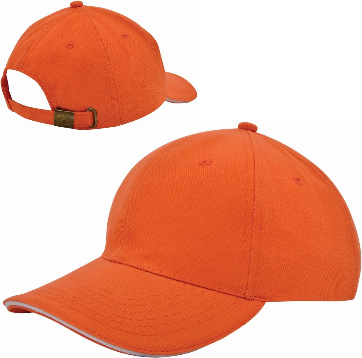 6 Panel Cap van zwaar geborsteld katoen met koperen bucklesluiting - Oranje / Wit