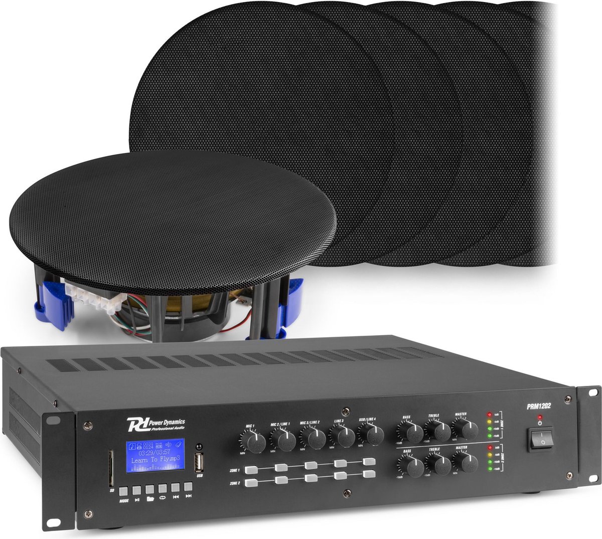 2-zone Bluetooth geluidsinstallatie van Power Dynamics - 12 zwarte plafondspeakers + 240W versterker
