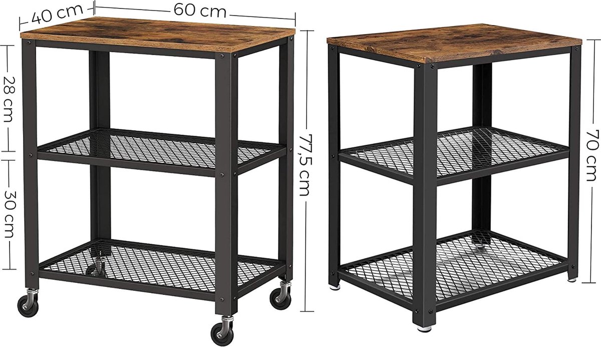 Nandae Rollwagen met 4 niveaus, smal keukenwagen, nisrek, serveerwagen keukenrek op wielen, stalen frame, handgreep, voor thuis, eetkamer, restaurant, hotel