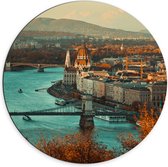 WallClassics - Dibond Muurcirkel - Zijaanzicht van Hongaars Parlementsgebouw - 70x70 cm Foto op Aluminium Muurcirkel (met ophangsysteem)