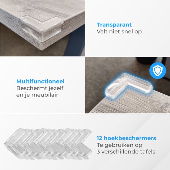 Transparante hoekbeschermer op een tafelrand, met tekst 'Multifunctioneel'.