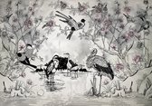 Fotobehang - Vlies Behang - Kraanvogels en Kersenbloesem - Retro & Vintage - 368 x 254 cm