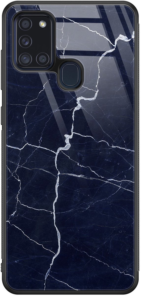 Hoesje geschikt voor Samsung Galaxy A21s - Marmer Navy - Luxe Glazen Hardcase - Marmer - Blauw