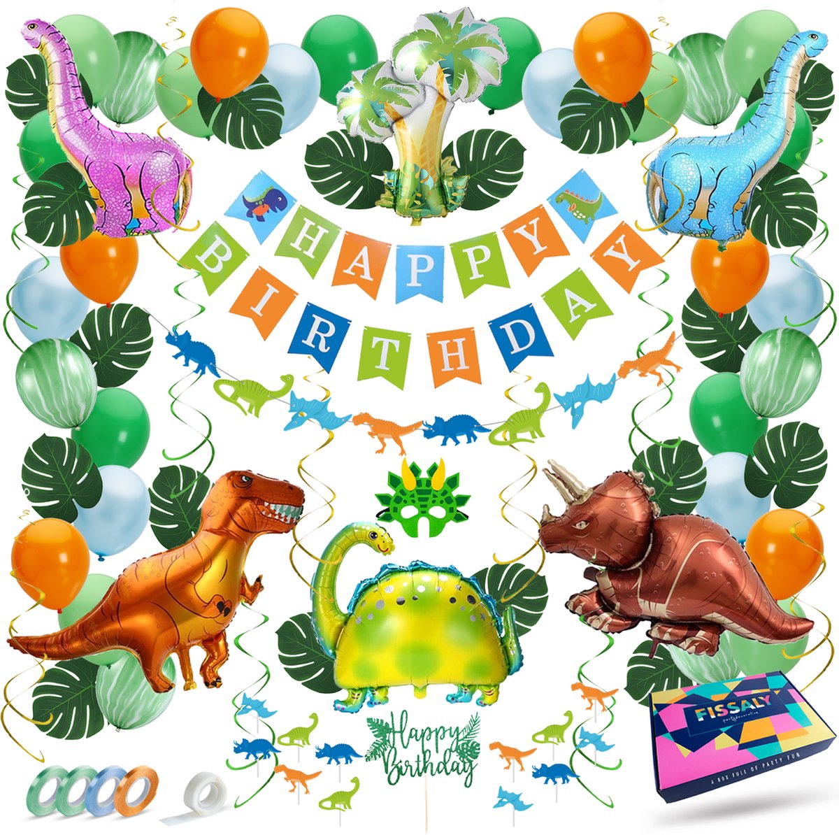 Fissaly 87 Stuks Dinosaurus Jungle Decoratie set – Dino & Safari Verjaardag Versiering – Thema Kinderfeestje - Fissaly