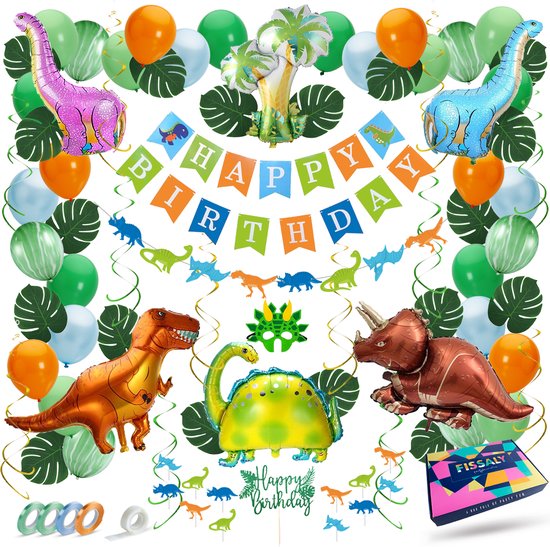 Fissaly 87 Stuks Dinosaurus Jungle Decoratie set – Dino & Safari Verjaardag Versiering – Thema Kinderfeestje - Fissaly