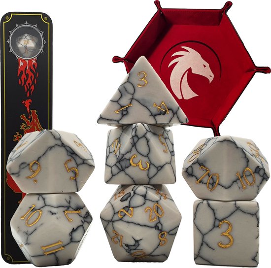 Afbeelding van het spel DnD Gemstone dice set – Broken Marble – Inclusief Blazium Dice Tray & Metal Case – Dungeons and Dragons gemstone dobbelstenen