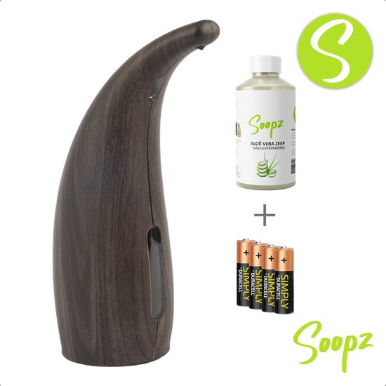 Dark Wood Comfort SET - Distributeur de savon automatique - Avec savon Soopz Aloë Vera - Piles No Touch - Pompe à savon mains libres - Électrique avec capteur - Hygiénique