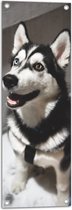 WallClassics - Tuinposter – Lieve Hond met Maan Oog - 30x90 cm Foto op Tuinposter  (wanddecoratie voor buiten en binnen)
