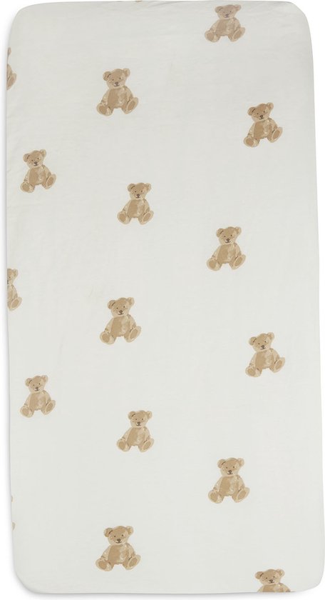 Drap de berceau vert clair avec un imprimé intégral d'ours en peluche marron.