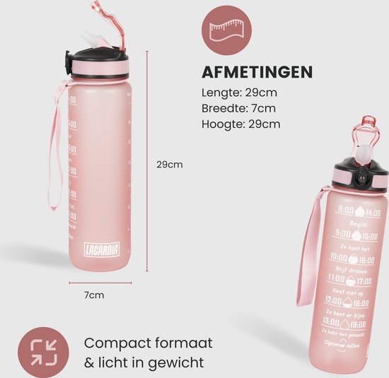 Lacardia Nederlandse Motivatie Waterfles rosé goud 'Nederlandse Tekst' - Drinkfles met rietje - Waterfles 1 liter - Waterfles met tijdmarkering