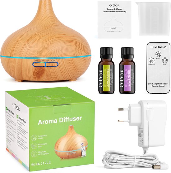 O'dor® Aroma Diffuser - 2 flesjes 100% PURE Etherische Olie - Luchtbevochtiger - Aromatherapie - Geurverspreider - Etherische olie - Verstuiver - Aromadiffusers - Lichtbruin