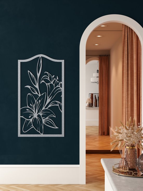Wanddecoratie | Bloem / Flower | Metal - Wall Art | Muurdecoratie | Woonkamer | Buiten Decor |Zilver| 42x75cm