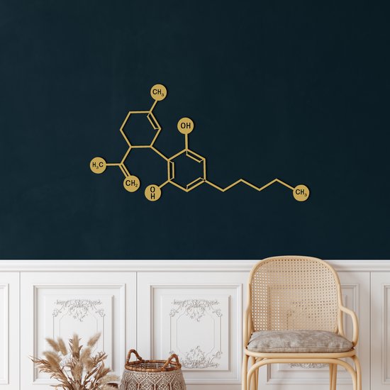 Wanddecoratie | Cannabidiol CBD Molecuul / Cannabidiol CBD Molecule| Metal - Wall Art | Muurdecoratie | Woonkamer | Buiten Decor |Gouden| 117x60cm
