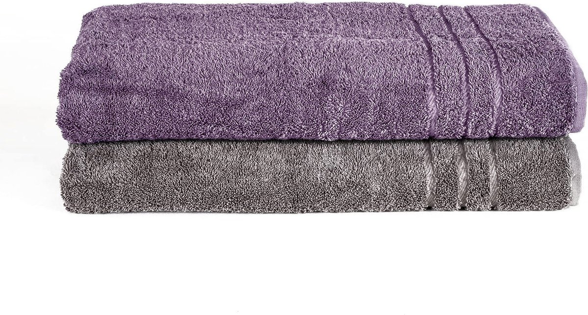Komfortec Set van 2 Handdoeken 70x200 cm, 100% Katoen, XXL Saunahanddoeken, Saunahanddoek Zacht, Grote badstof, Sneldrogend, Antracietgrijs&Violet