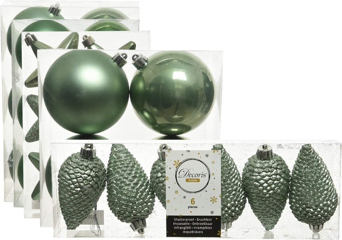 Kerstversiering kunststof kerstballen/hangers salie groen 6-8-10 cm pakket van 62x stuks - Kerstboomversiering