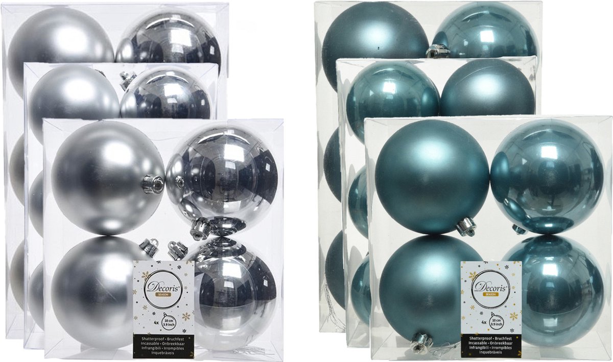 Kerstversiering kunststof kerstballen kleuren mix ijsblauw/zilver 6-8-10 cm pakket van 44x stuks