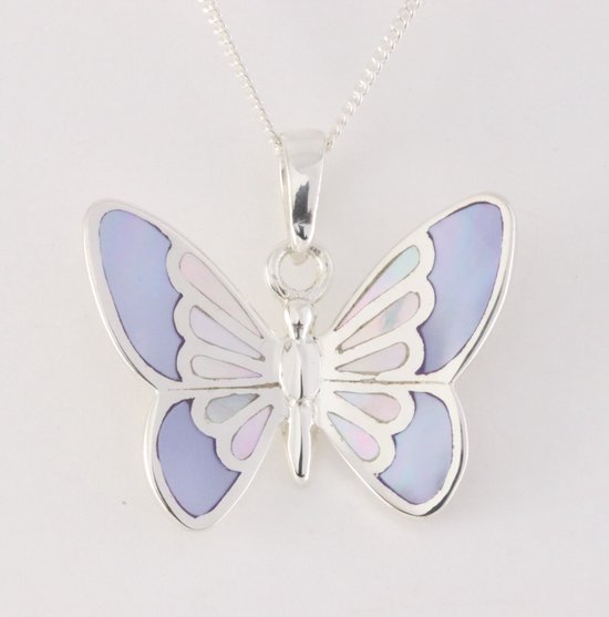 Zilveren vlinder hanger met blauwe en witte parelmoer aan ketting