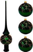Set met Groene Kerstboom Piek en Drie Groene Kerstballen (van glas 8 cm) met Goud Glitter Design