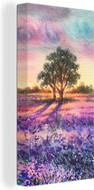 Canvas - Schilderij - Lavendel - Verf - Bloemen - Vogel - Bomen - Schilderijen op canvas - 80x160 cm - Foto op canvas - Wanddecoratie