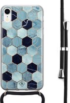 Casimoda® hoesje met koord - Geschikt voor iPhone XR - Blue Cubes - Afneembaar koord - Siliconen/TPU - Blauw