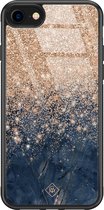 Casimoda® hoesje - Geschikt voor iPhone SE (2020) - Marmer Blauw Rosegoud - Luxe Hard Case Zwart - Backcover telefoonhoesje - Rosekleurig
