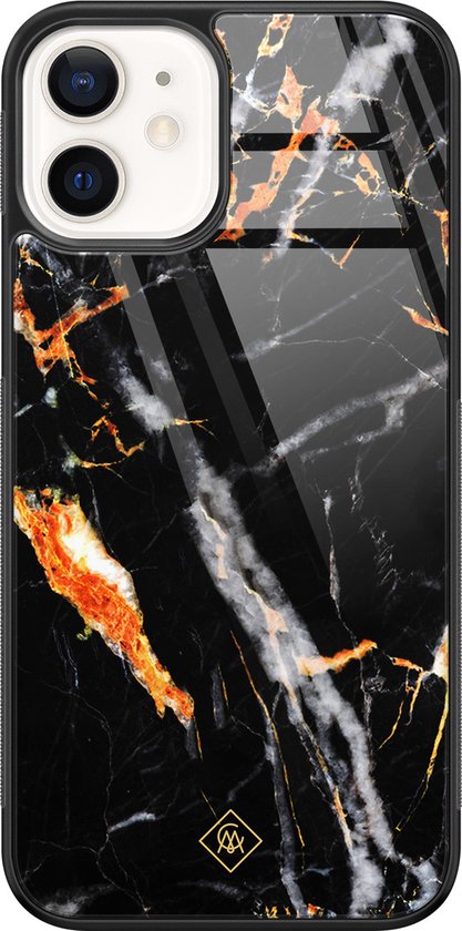 iPhone 12 verre - Marbre noir orange - Zwart - Coque arrière pour téléphone - Marbre - Casimoda