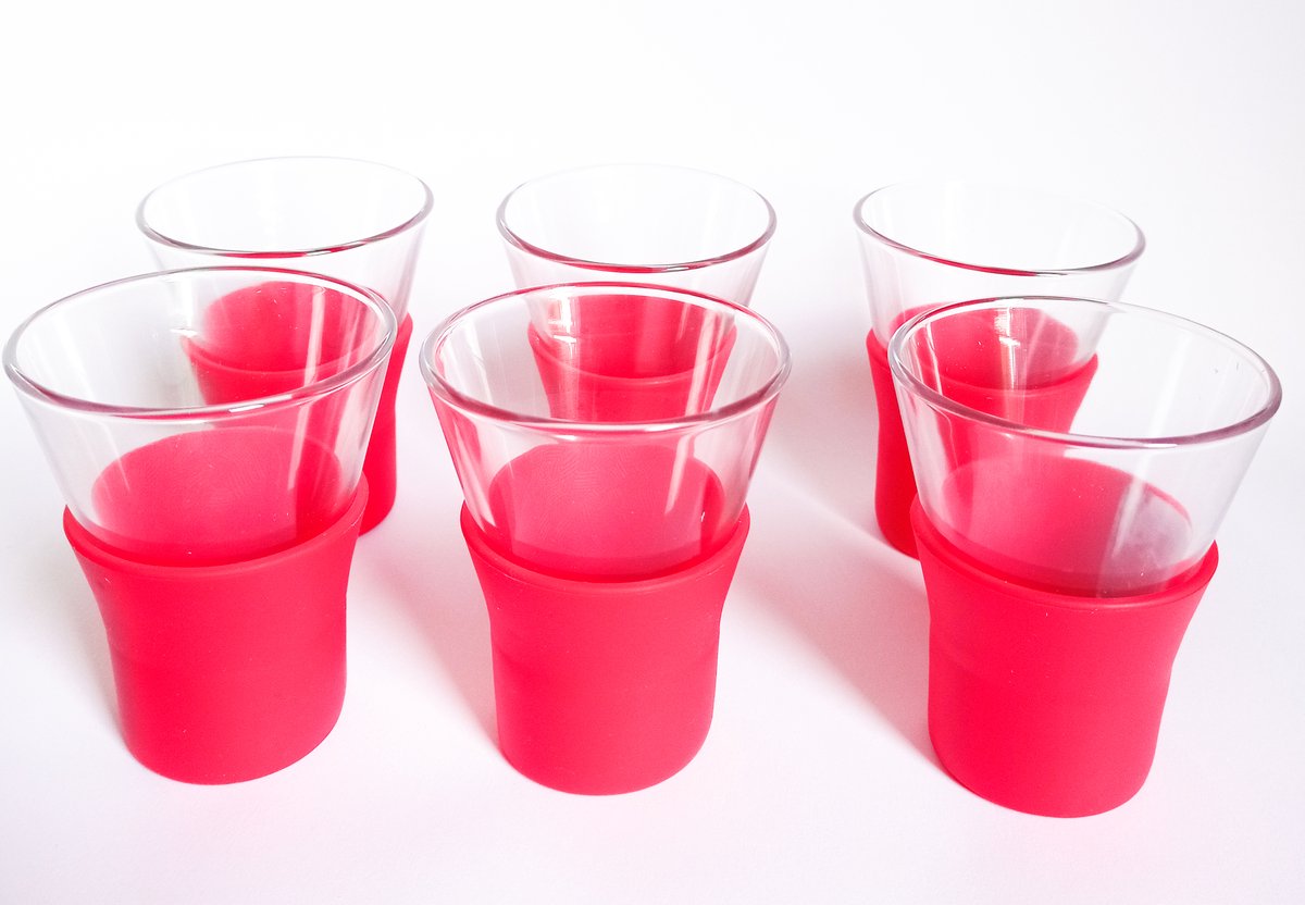 Bormioli Rocco koffie- en theeglazen met rode siliconen grip - 100 ml - Set van 6