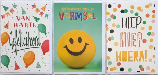 3 Wenskaarten - Gefeliciteerd met je Vormsel + Van Harte Gefeliciteerd + Hiep Hiep Hoera - 12 x 17 cm – VORM-302