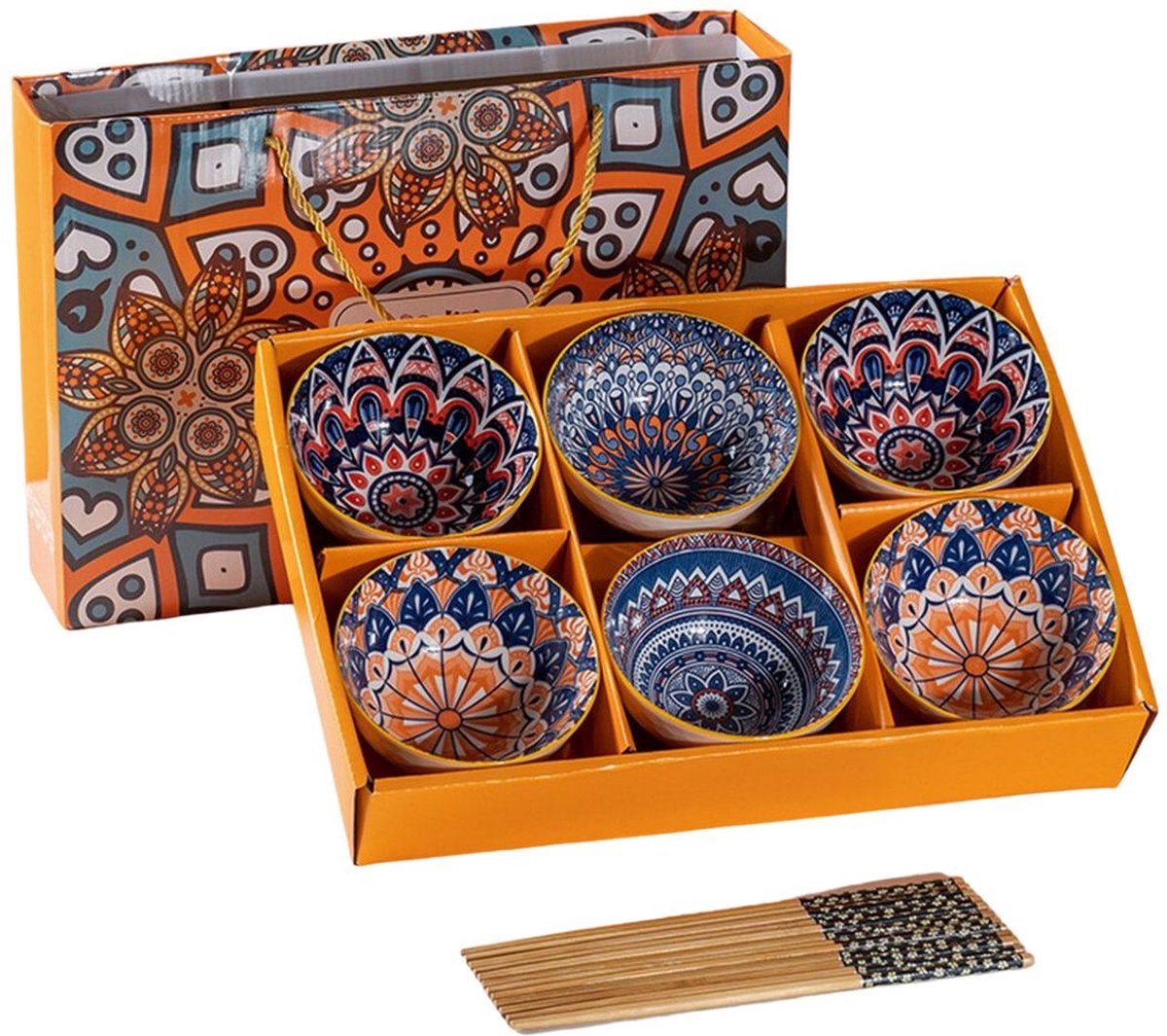 Boheemse kommen servies set met eetstokjes - 6 kommetjes voor rijst, yoghurt, soep, saus etc. Oranje/blauw