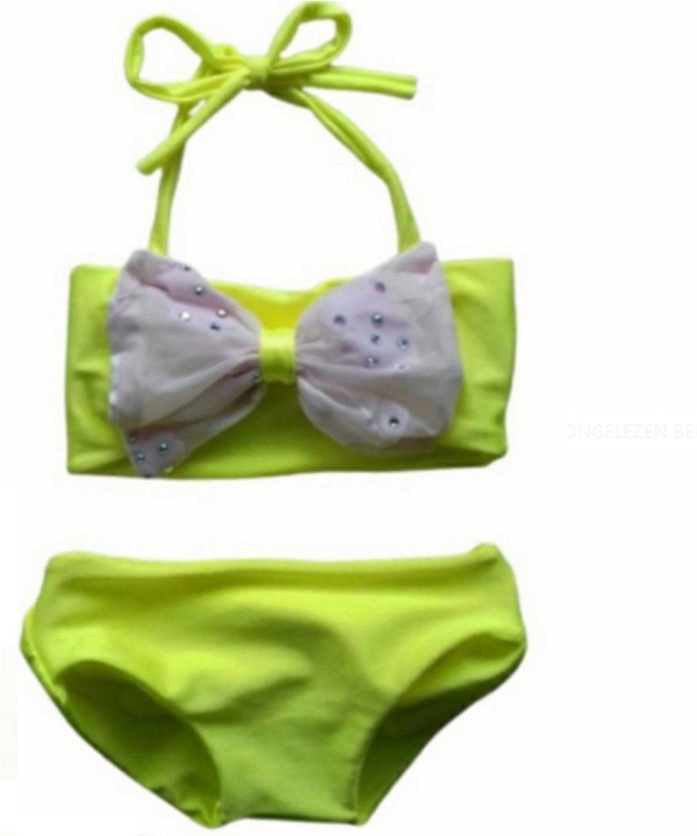 Maat 80 Bikini zwemkleding Fluor Neon Geel strik van kant badkleding met steentjes voor baby en kind Fel Gele zwem kleding