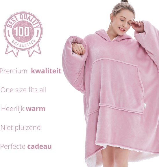 Q-Living Fleece Deken met Mouwen - 1340 gram - Hoodie blanket - Tv deken - Roze