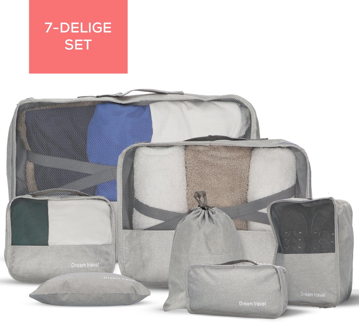 Dream Travel – Packing Cubes – Set 7 stuks – Grijs – Koffer organizer set – Backpack