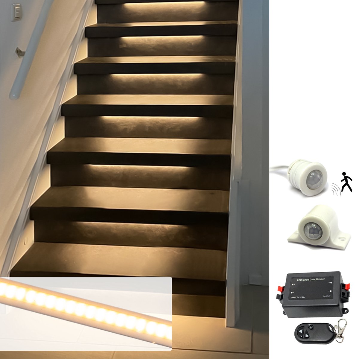 Trapverlichting led bewegingssensor set - Led strips 50 cm met warm wit licht - Set voor max. 16 treden - Bedienen via dimmer