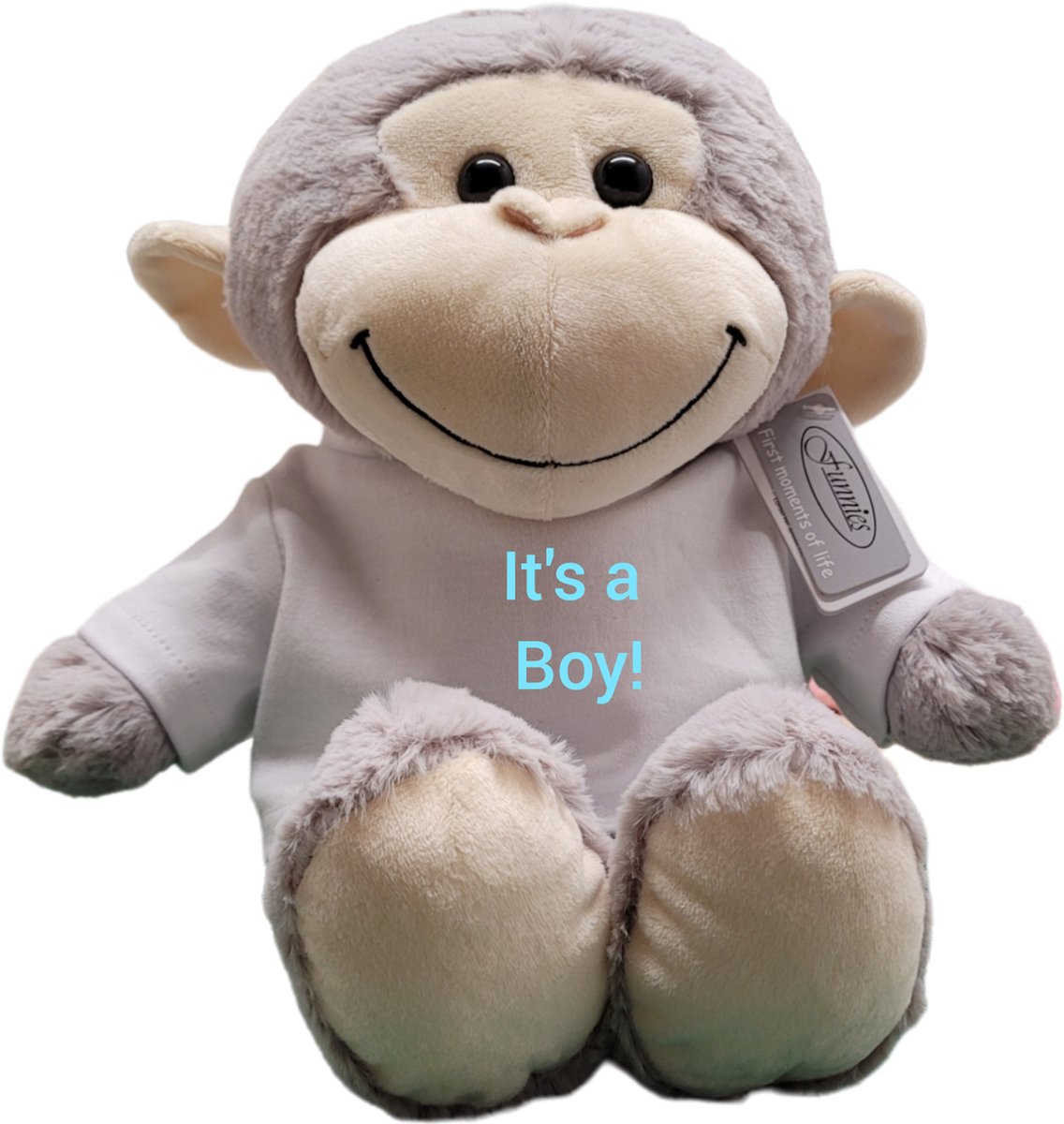 knuffel aap - 30cm - shirt - It's a boy - gender reveal - kraam cadeau - babyshower