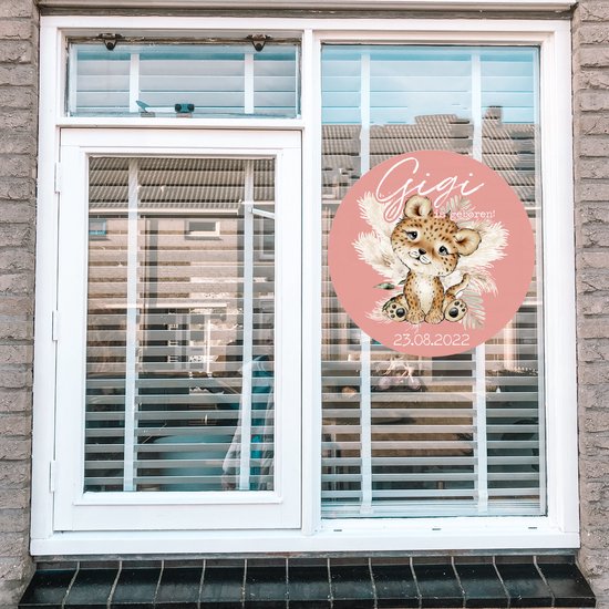 Sticker naissance-autocollant fenêtre rond Bébé est né-lion rose- naam et date de naissance-65x65cm