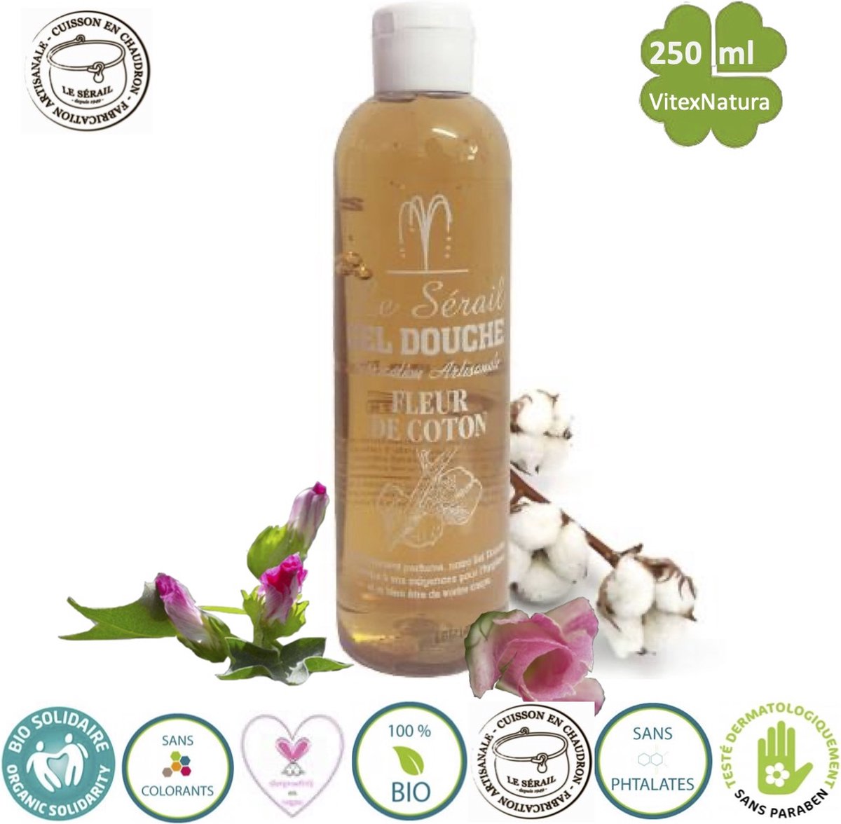 Goedkoopste Ambachtelijke pure Marseillezeep Douche en bad gel 250ml | Met katoenbloesem extract | Le Serail | Traditie sinds 1949