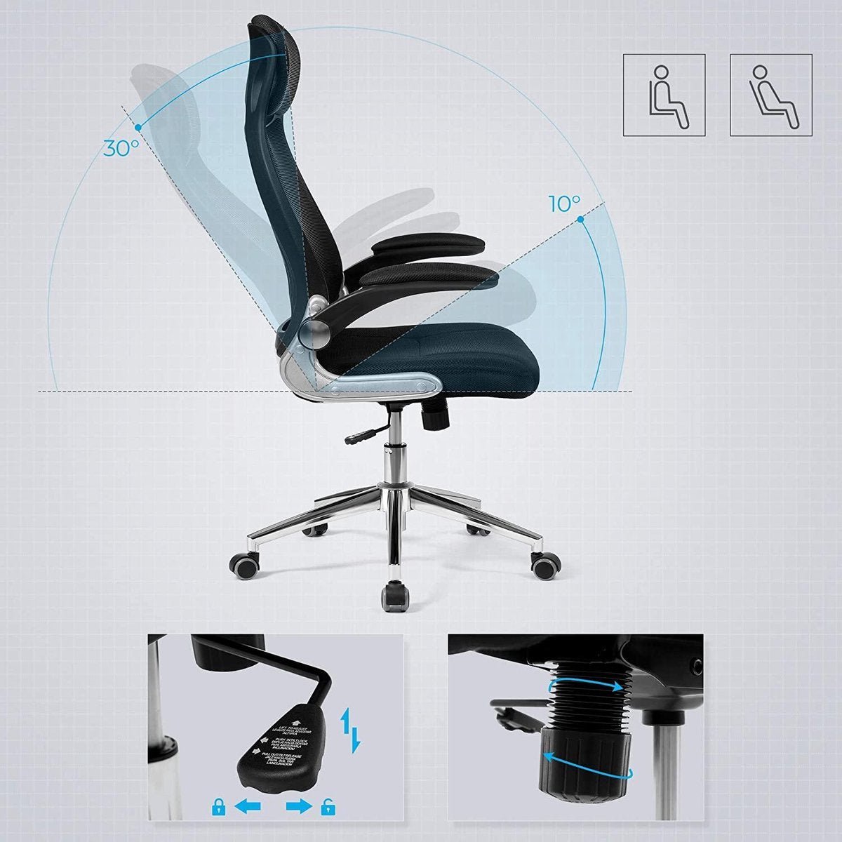 Ergonomische Bureaustoel met Hoofdsteun - Hoogte Verstelbaar - Kantelbaar - Inklapbare Armleuning - Mesh