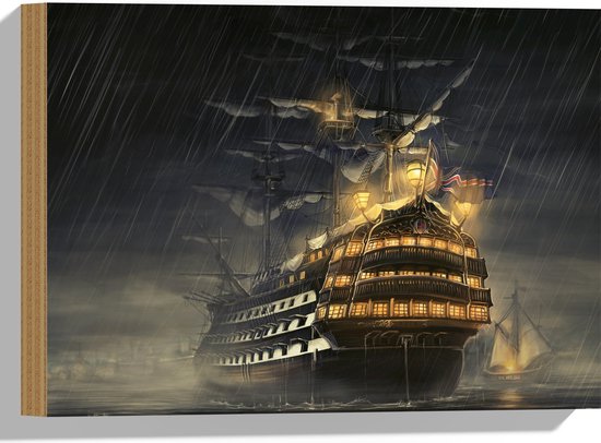 WallClassics - Bois - Groot Navire en Mer en Storm - 40x30 cm - 12 mm d'épaisseur - Photo sur Bois (Avec Système d'accrochage)