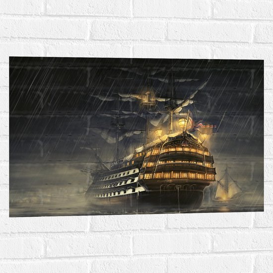 WallClassics - Muursticker - Groot Schip op Zee in Storm - 75x50 cm Foto op Muursticker