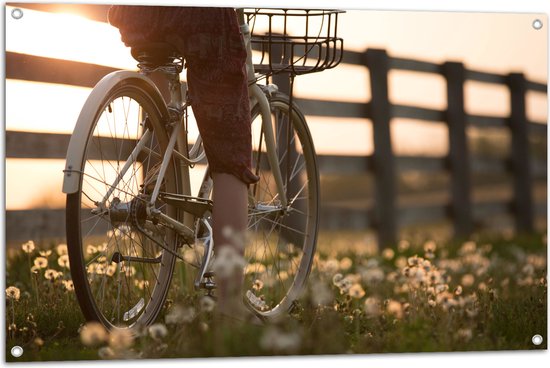 WallClassics - Tuinposter – Fietser door Bloemenveld - 105x70 cm Foto op Tuinposter  (wanddecoratie voor buiten en binnen)