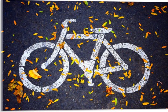 WallClassics - Acrylglas - Fiets Logo op Straat met Herfstbladeren - 60x40 cm Foto op Acrylglas (Met Ophangsysteem)